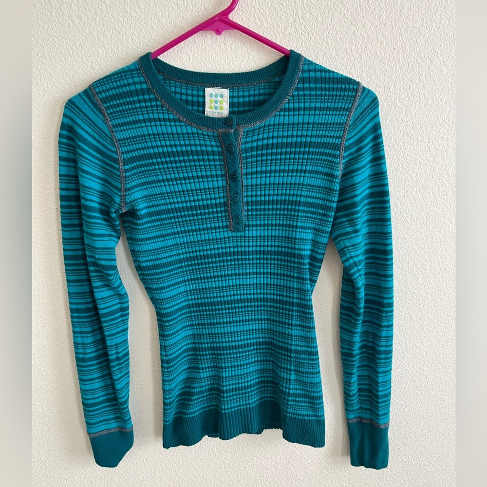 Women’s Title Nine stretchy rib knit green striped sweater, merino wool blend